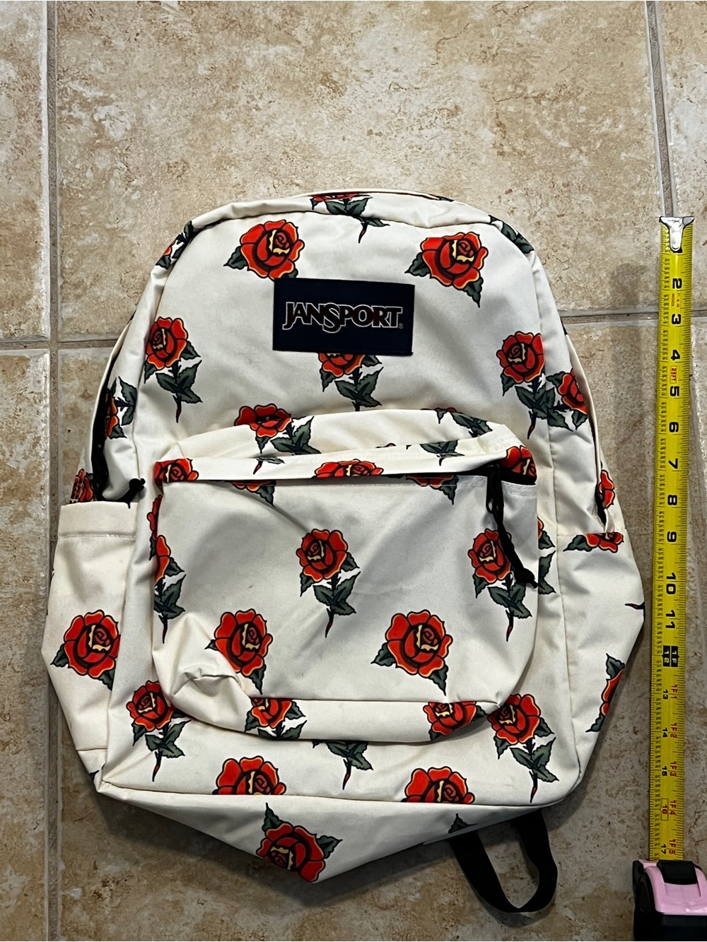 Jansport White Backpack with Red Rose Print